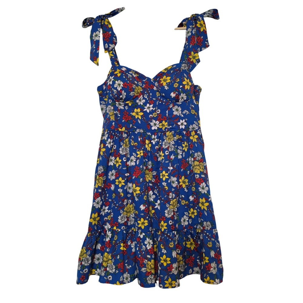 B.O.G Collective Floral Tie Shoulder Smocked Back Ruffle Hem Mini Dress Large